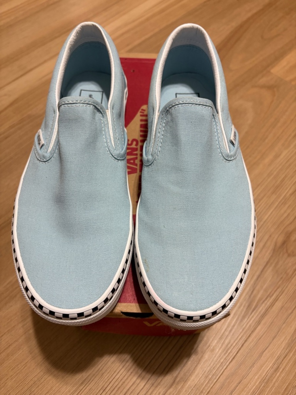 Vans Classic Slip-On Checkerboard Trim Blue Canvas Sneakers Size 8.5 Women